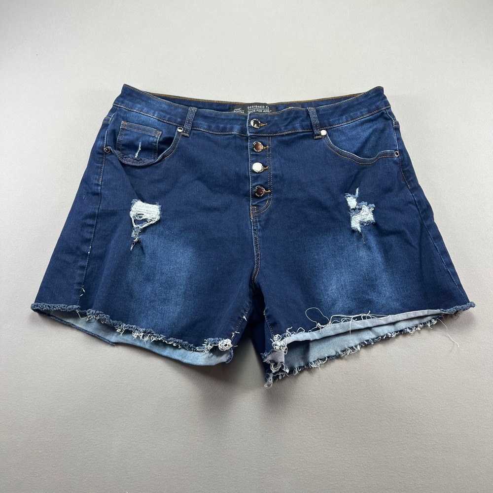 Chic Denim Harley Shorts Women 16 Blue Distressed Frayed Hem Button Fly Mid Rise